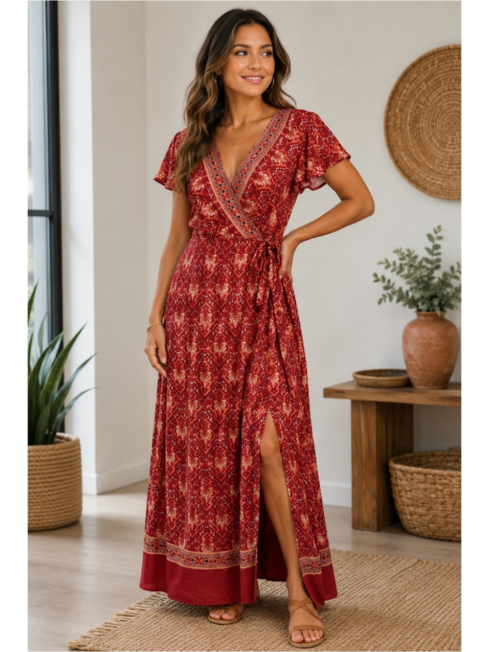 PrettyGarden Rust Floral Boho Wrap Maxi Dress XL